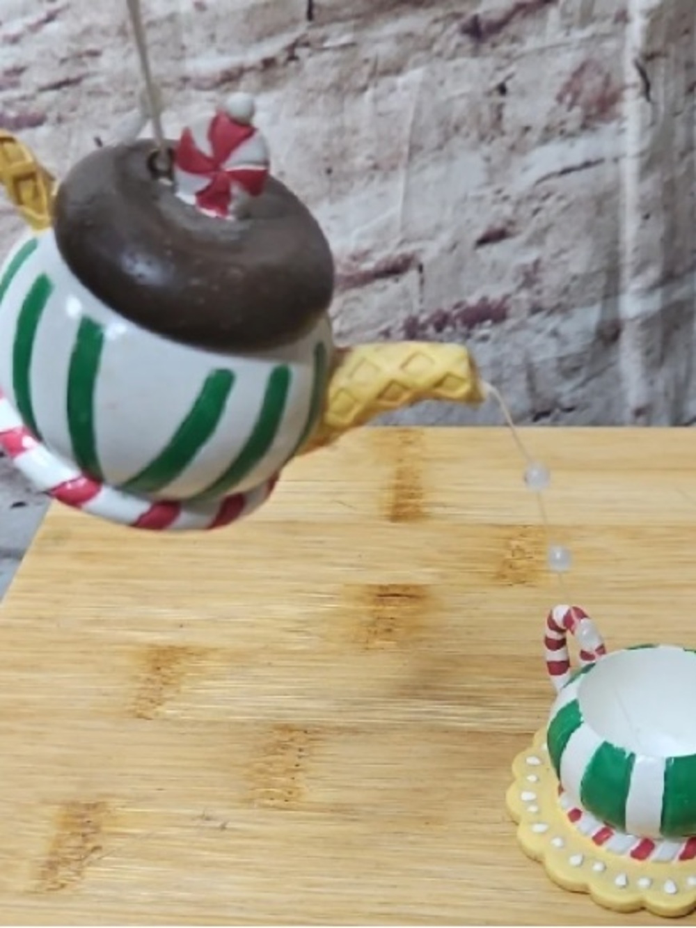 Green & White Striped Hanging Tea Set Ornament - Holiday Pillow Accent